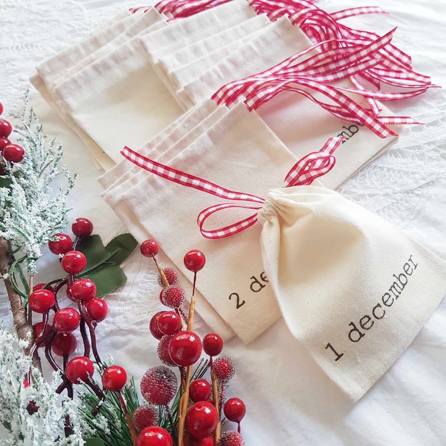 Handmade Advent Calendar Pouches with Red Gingham Ribbon