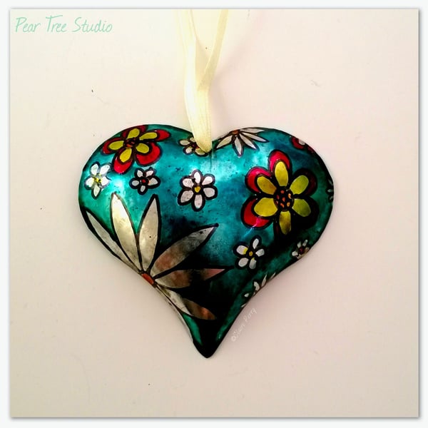 Handmade Small Turquoise Metal Heart hanging decoration with a flowers pattern. 