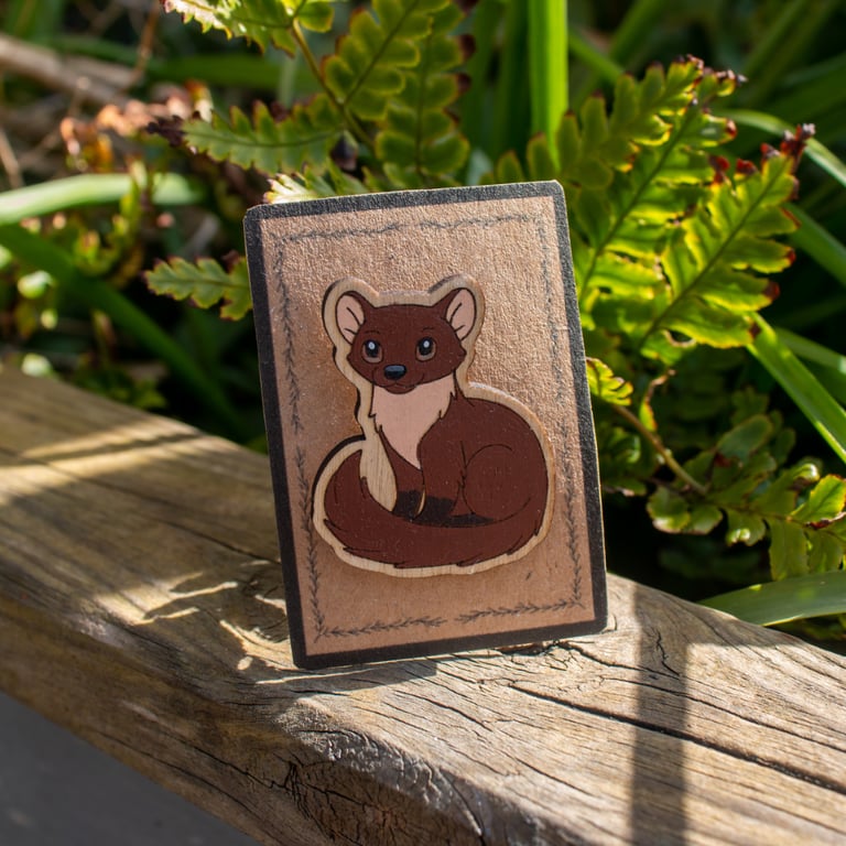 Hand Painted Pine Marten Wooden Pin – Wildlife Animal Pin Badge
