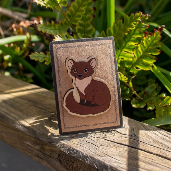 Hand Painted Pine Marten Wooden Pin – Wildlife Animal Pin Badge