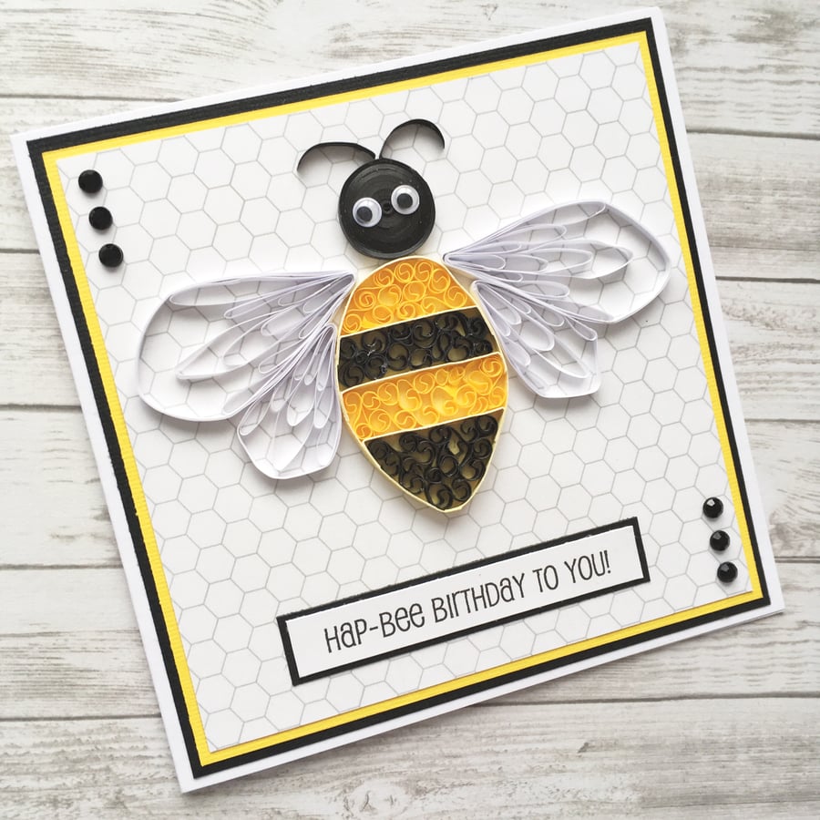 Birthday card -  quirky bee - quilled, boxed card option