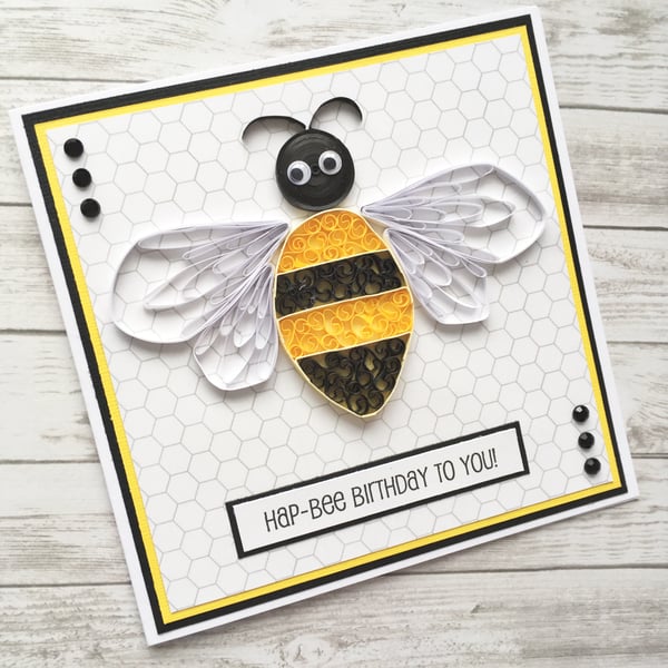 Quirky bee birthday card -  quilled, boxed card option