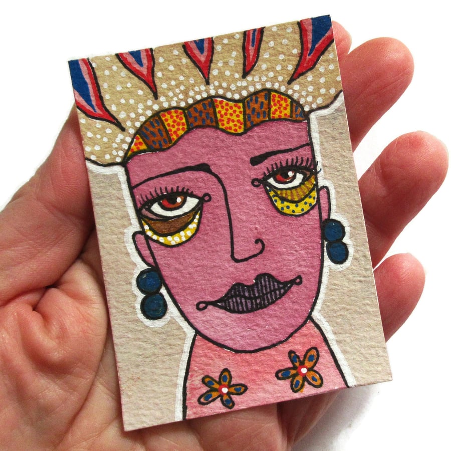 ACEO Portrait Painting Watercolour Abstract Face Miniature Outsider Folk Art