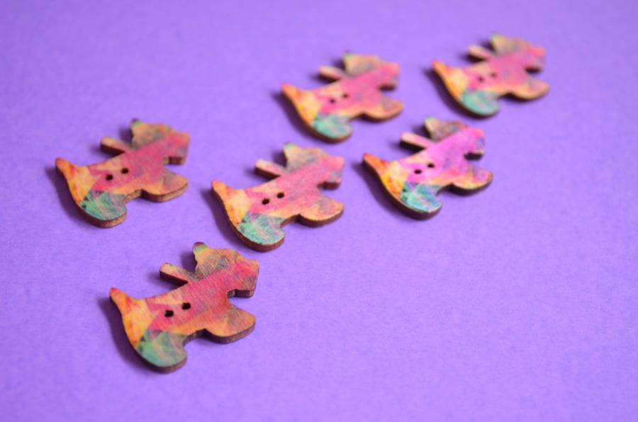 Wooden Scottie Dog Buttons Pink Blue Yellow 6pk 28x20mm Scotty Puppy (DG6)