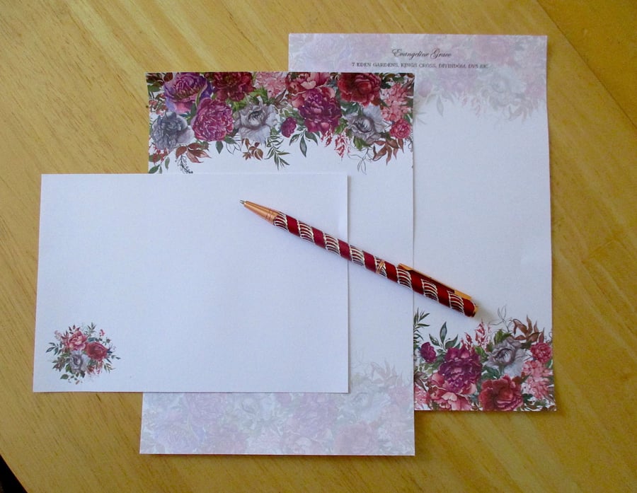 Floral Border Writing Paper Set - 15 Pieces -  Personalised Option - Stationery 