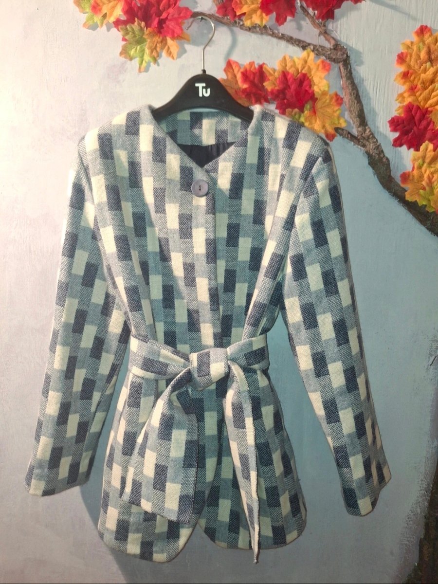 Handmade Blue and White Check  Polyester Fully Lined Ladies Jacket Size 12 to 14