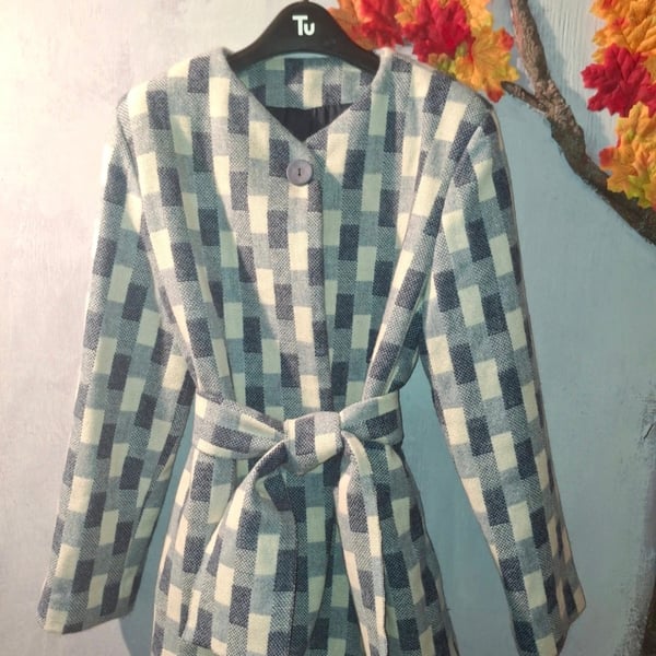Handmade Blue and White Check  Polyester Fully Lined Ladies Jacket Size 12 to 14