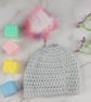 Grey Crochet Baby Hat, Newborn Beanie with Pink Faux Fur Pom Pom - Image 7