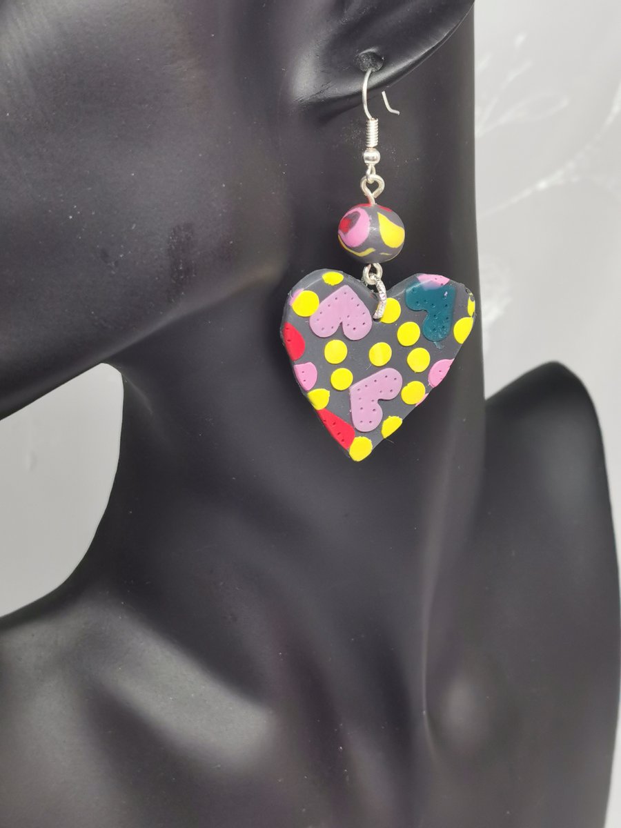 Colourful, chic heart pendent earrings and stud. Handmade, polymer clay