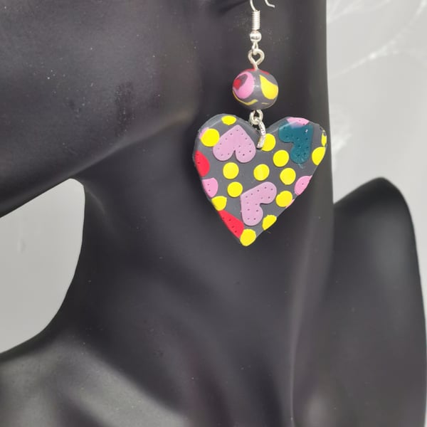 Colourful, chic heart pendent earrings and stud. Handmade, polymer clay