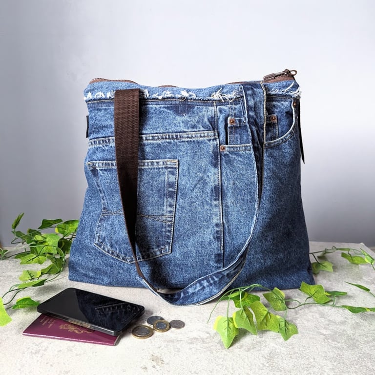 Denim Tote Bag - Large Shoulder Tote Jeans Bag with Brown Straps