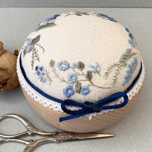 Pin Cushion, hand embroidered unique blue pincushion, sewing room gift