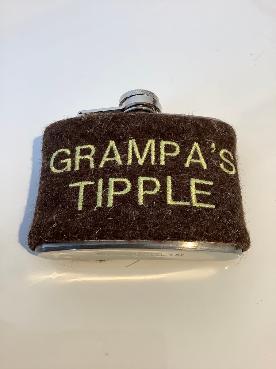 4oz stainless steel hip flask  with  brown sleeve embroidered grampa’s tipple,
