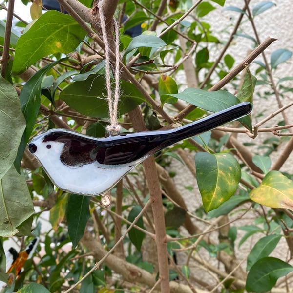 Fused Glass Birds, LONG TAILED TIT bird lover gift, British bird, hanging bird