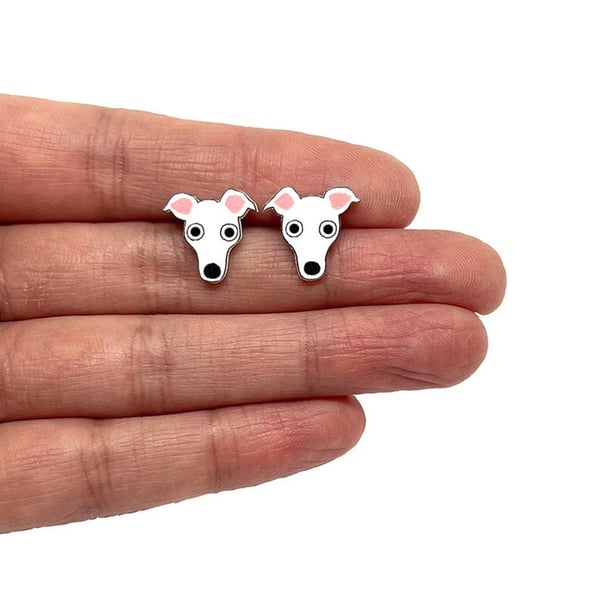 Small White Whippet Stud Earrings - Handpainted - Dog Earrings