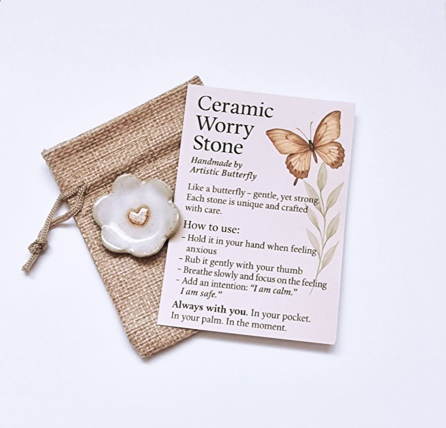 Handmade Ceramic Worry Stone- Flower with Heart 