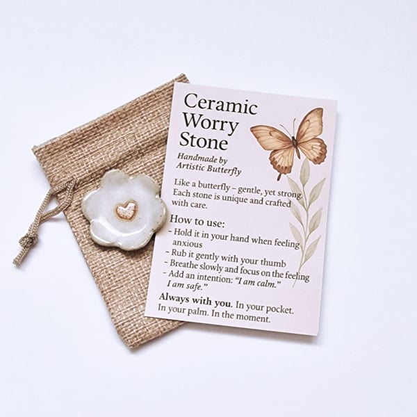 Handmade Ceramic Worry Stone- Flower with Heart 