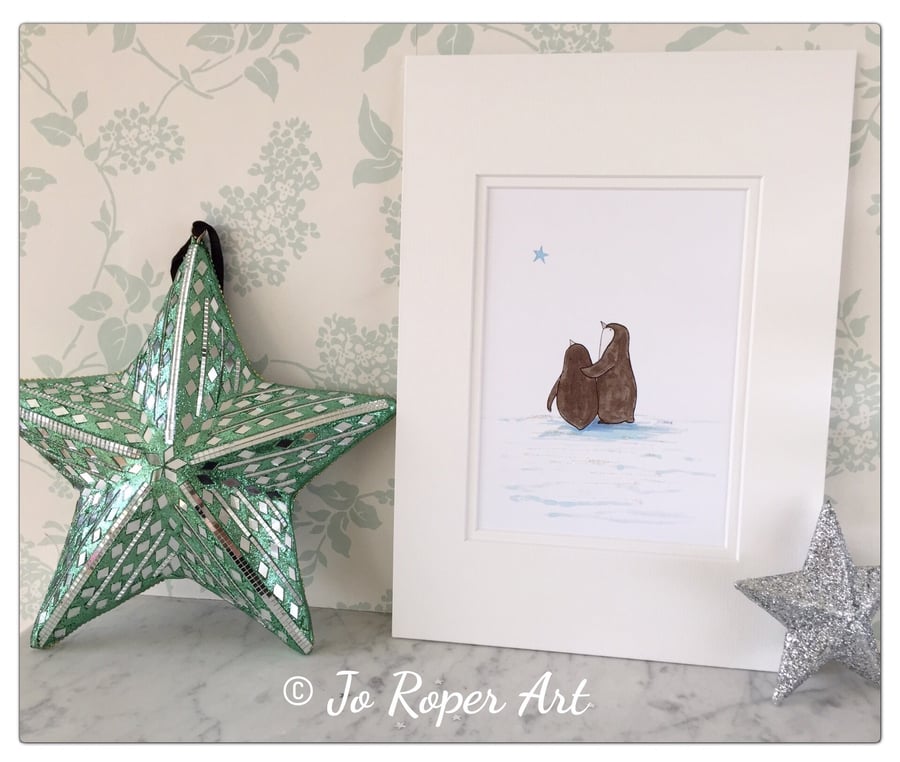 Penguins star gazing sparklyfied mounted print Jo Roper 
