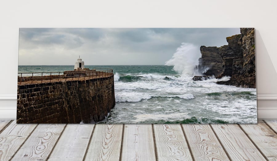 Portreath harbour, Cornwall. Panoramic canvas picture print. 24"x8" (18mm depth)
