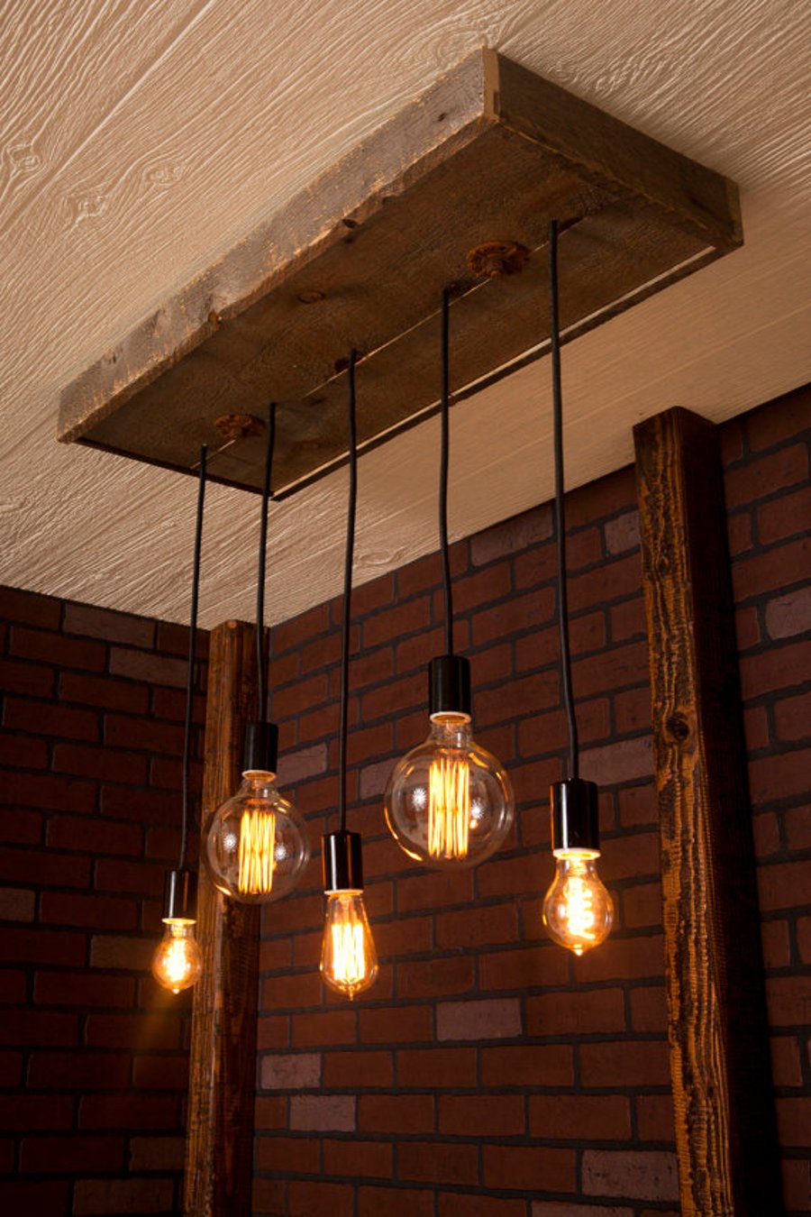 Industrial lighting Chandelier With Reclaimed Wood and 5 Pendants