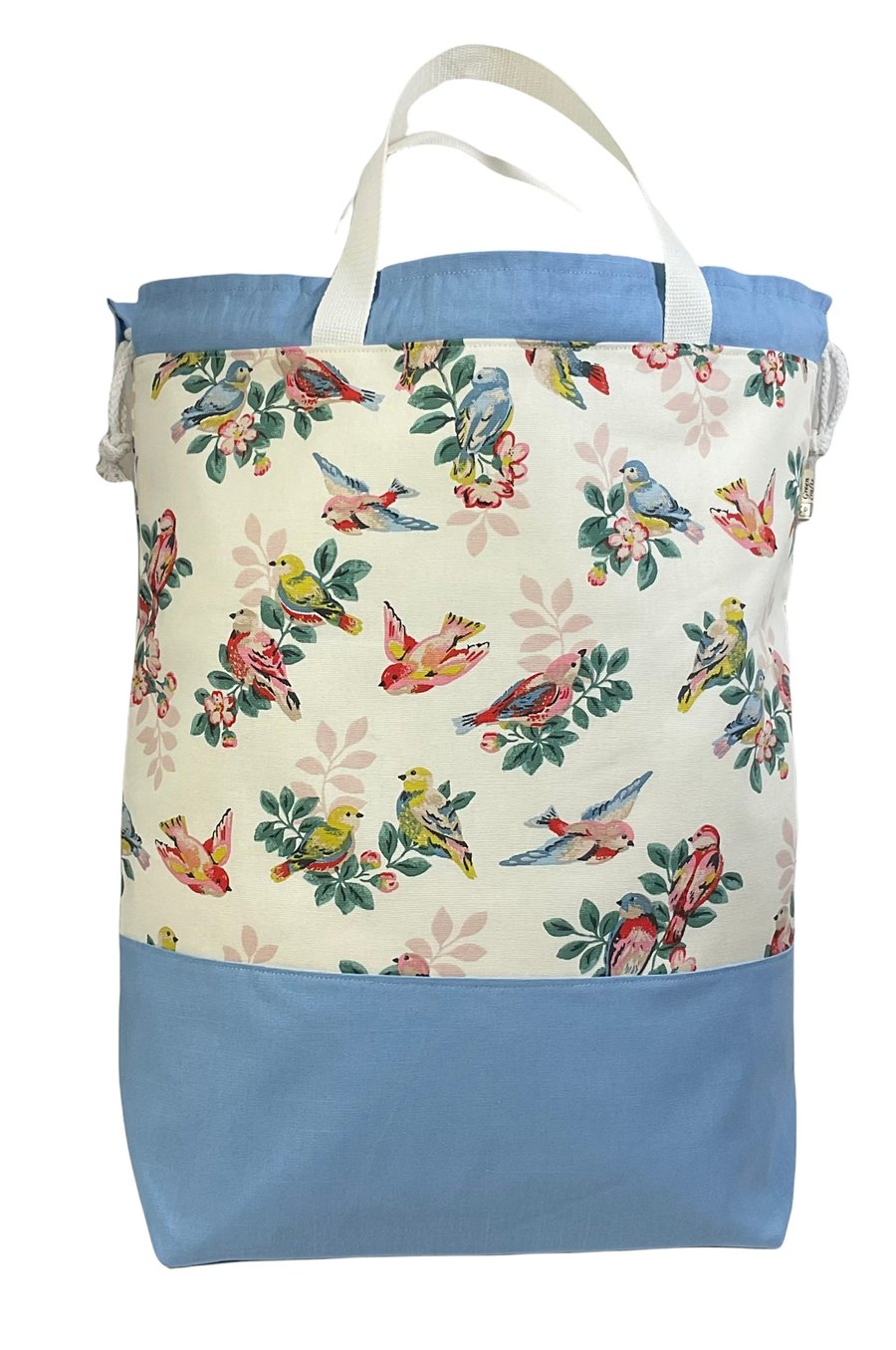 XXL drawstring knitting bag with birds and floral print, supersized multi pocket