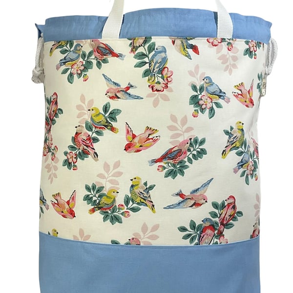 XXL drawstring knitting bag with birds and floral print, supersized multi pocket