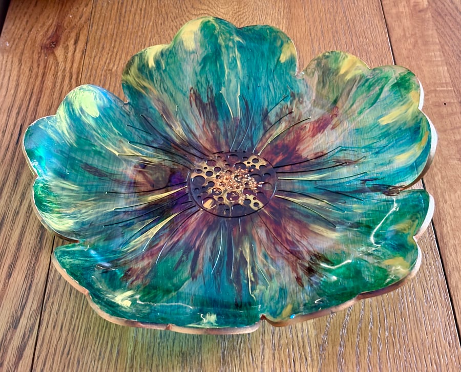 Shallow Resin Fruit Bowl In Green, Blue, Brown And Gold
