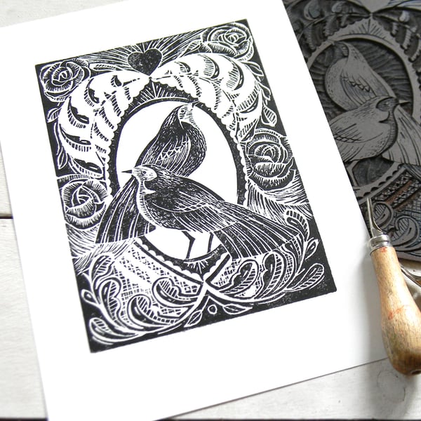  Love Birds Original Lino Cut Print Black and White PRINT SALE