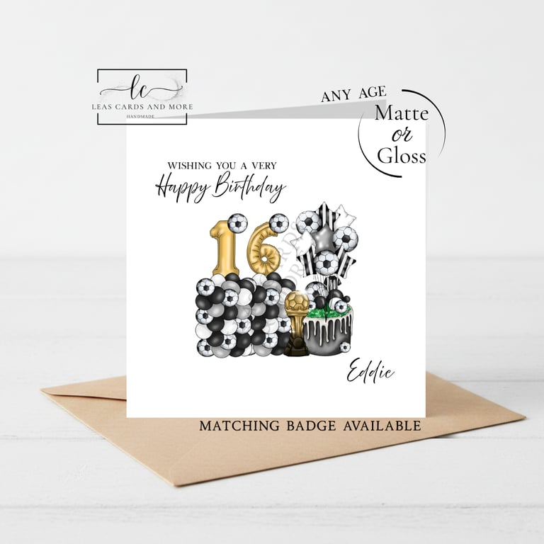 Black & White Football Age Balloon Happy Birthday Card