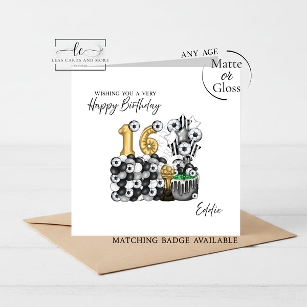Black & White Football Age Balloon Happy Birthday Card
