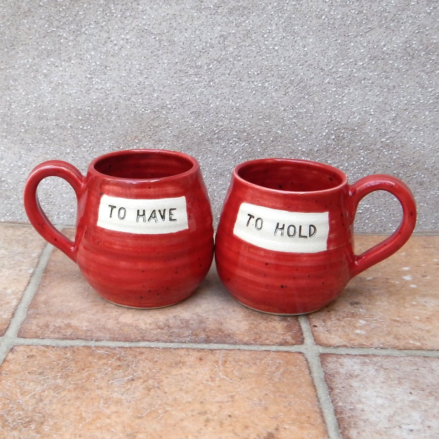 Pair of cuddle mug coffee tea cup hand thrown in stoneware pottery ceramic