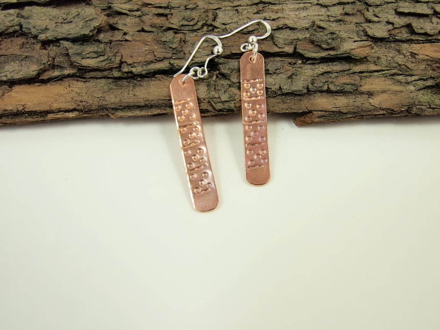 Earrings, Copper Bar Dropper with Handstamped Pattern & Sterling Silver