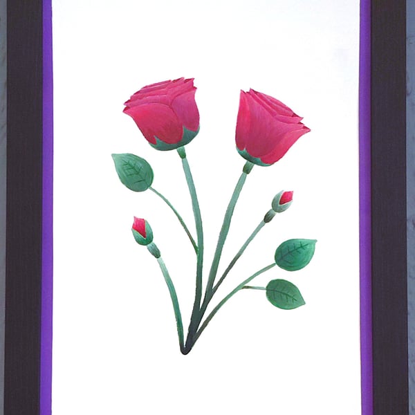Genuine Made in UK Framed A3 Print Red Roses Stylish Purple Border Wallart