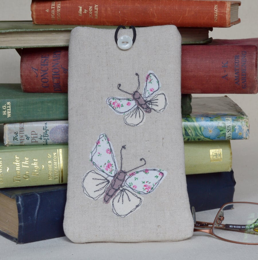Glasses Case in Linen with  Butterfly Design Freehand Machine Embroidery