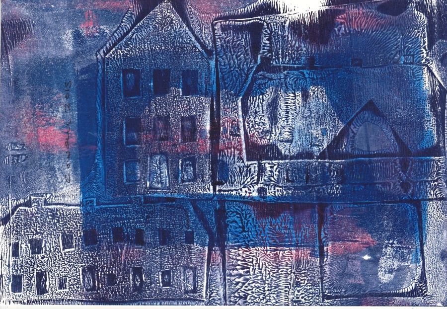 town at night - monoprint - geli print - Original art