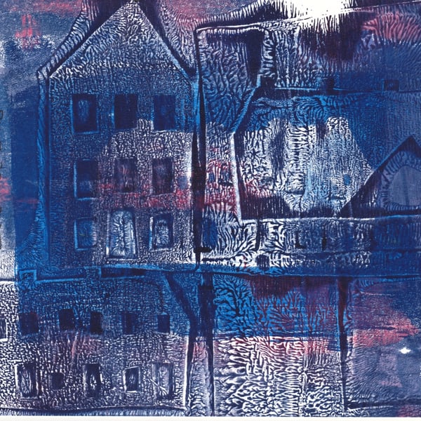 town at night - monoprint - geli print - Original art