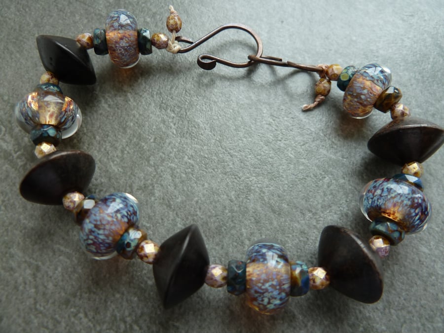 brown lampwork glass bracelet, wood and copper