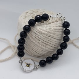 BR377 Black Agate beaded bracelet with bee cabochon