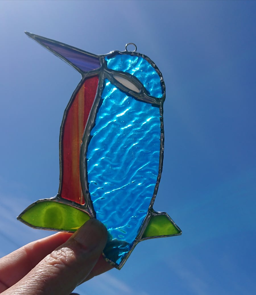 Stained glass turquoise orange kingfisher bird. Suncatcher hanging decoration. 
