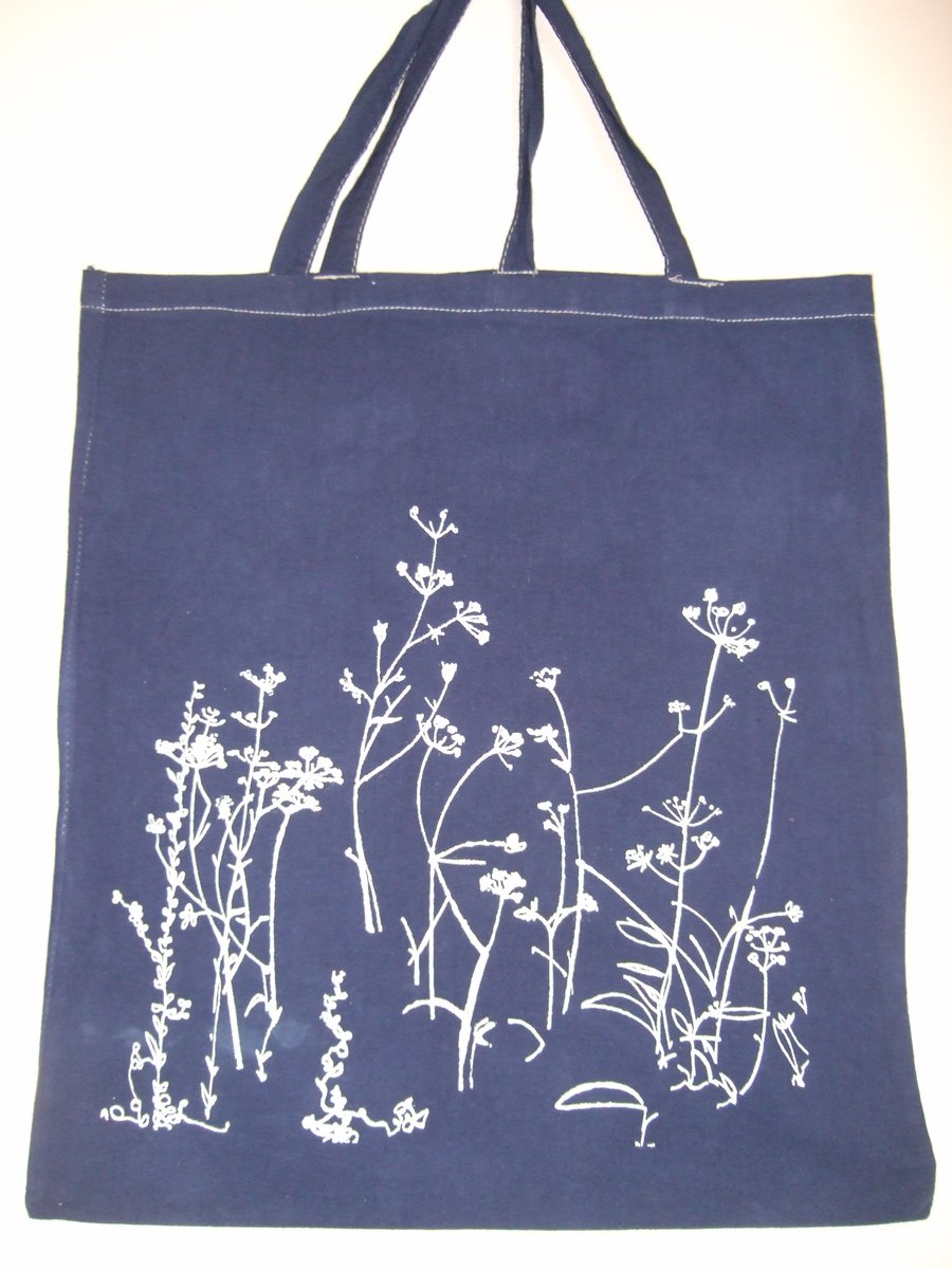 Meadow print navy blue cotton tote bag hand dyed and hand printed bag 