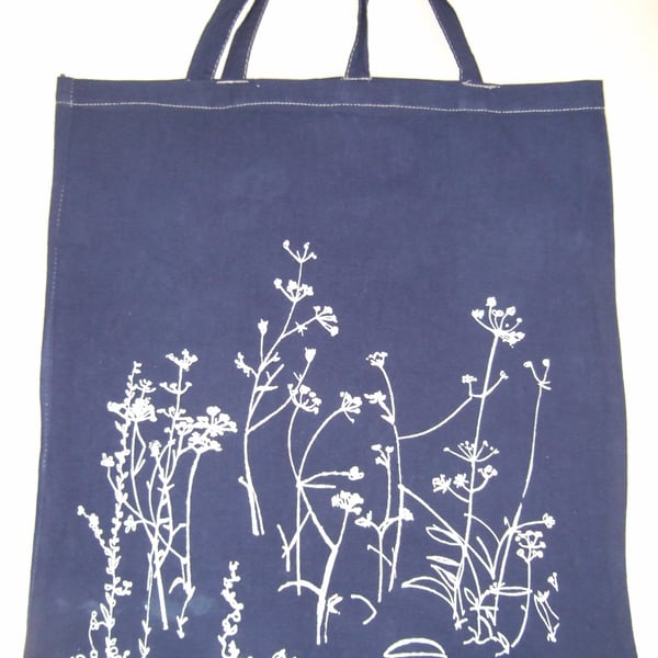 Meadow print navy blue cotton tote bag hand dyed and hand printed bag 