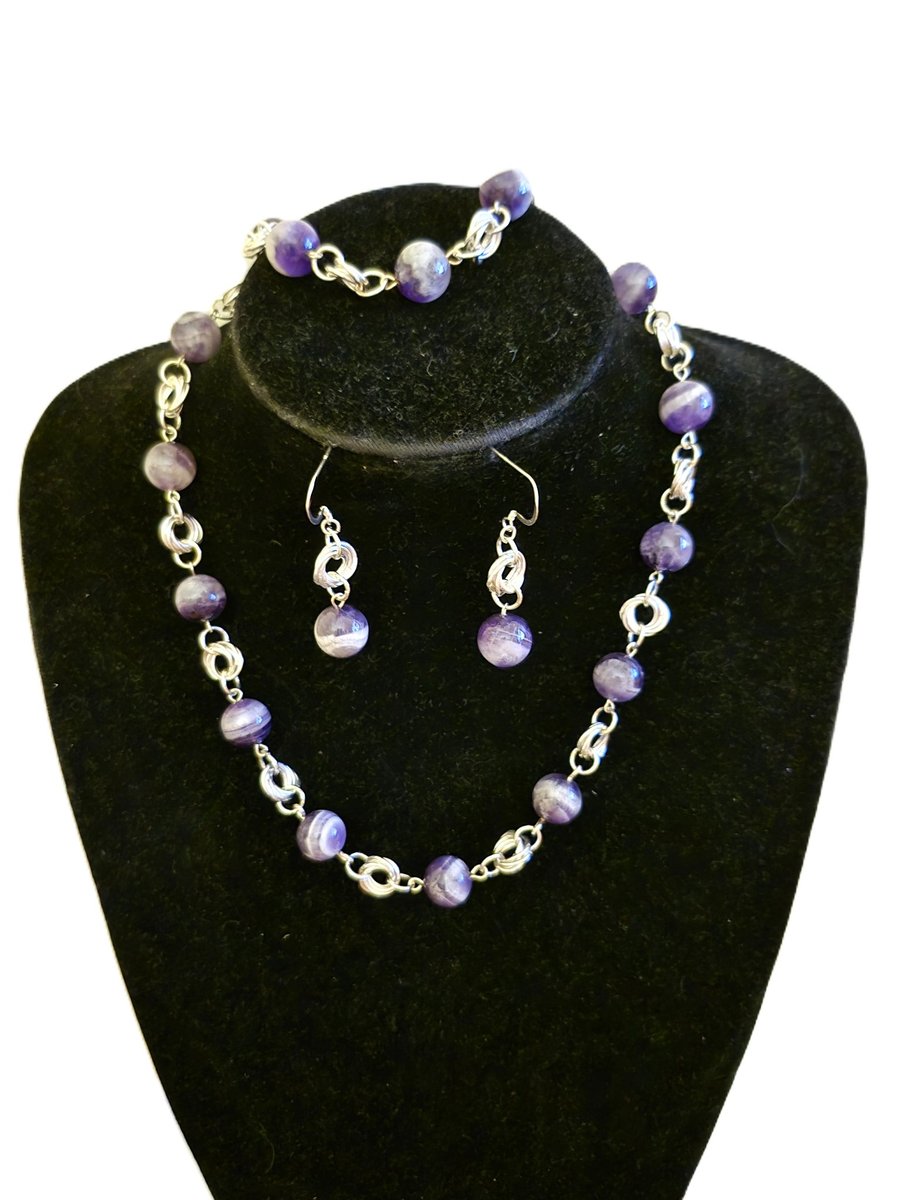 Amethyst beaded rosary link jewellery set