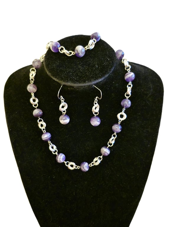 Amethyst beaded rosary link jewellery set