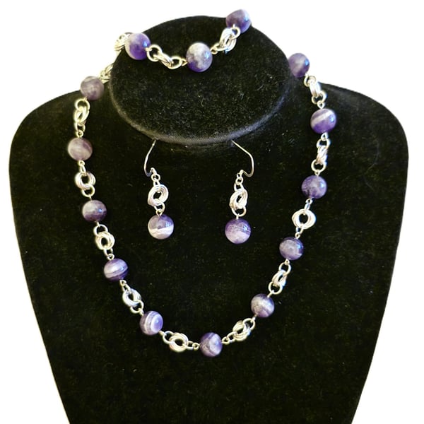 Amethyst beaded rosary link jewellery set