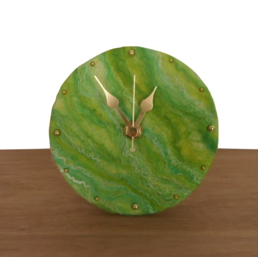 Desk clock, nuno felted in green, 12.5cm