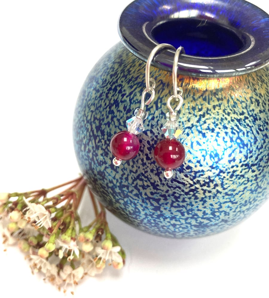 Sterling Silver Pink Agate and Crystal Earrings