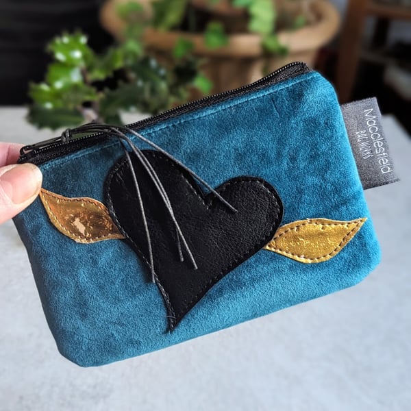 Teal Velvet Purse with Black and Gold Heart Motif (P&P included)