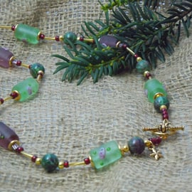 Zoisite with Ruby Necklace & flower glass beads with gold plate clasp & charm