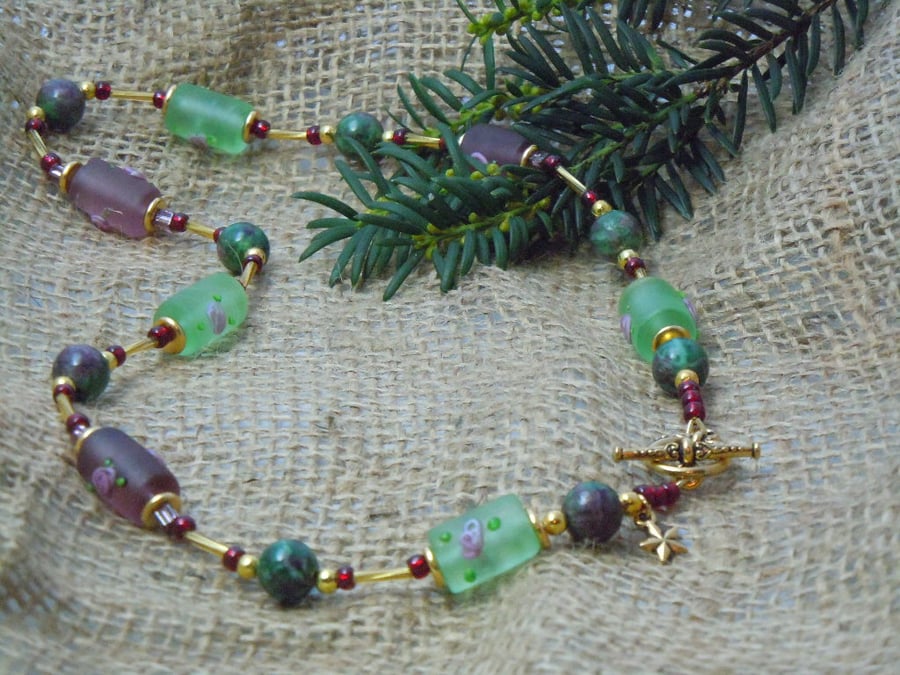 Zoisite with Ruby Necklace & flower glass beads with gold plate clasp & charm