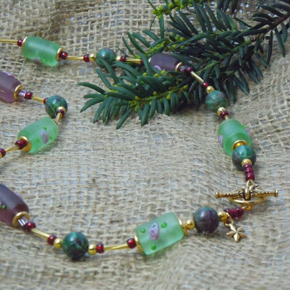 Ruby in Zoisite Necklace & flower glass beads with gold plate clasp & charm